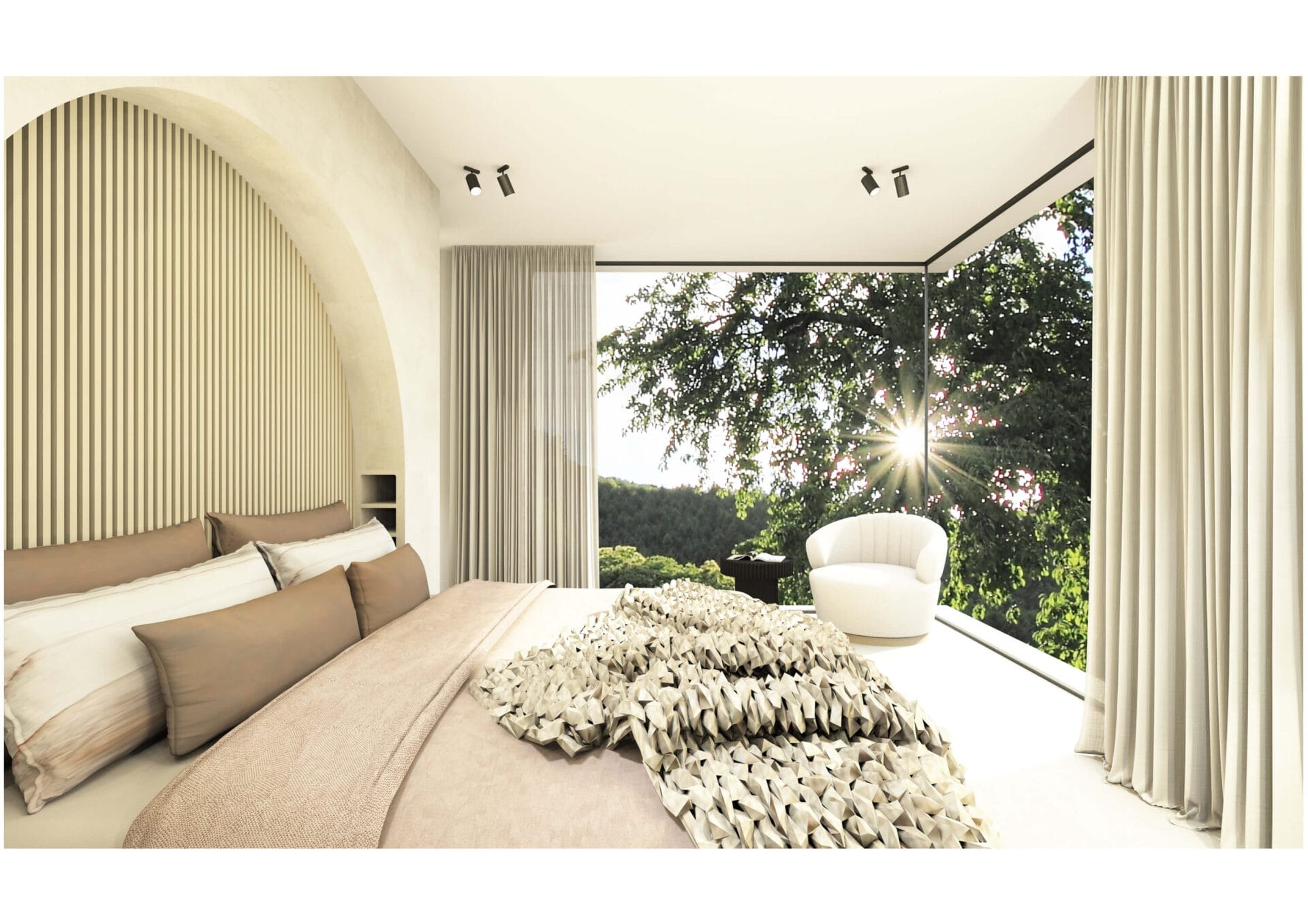 Master bedroom met mooi uitzicht en zachte stoel