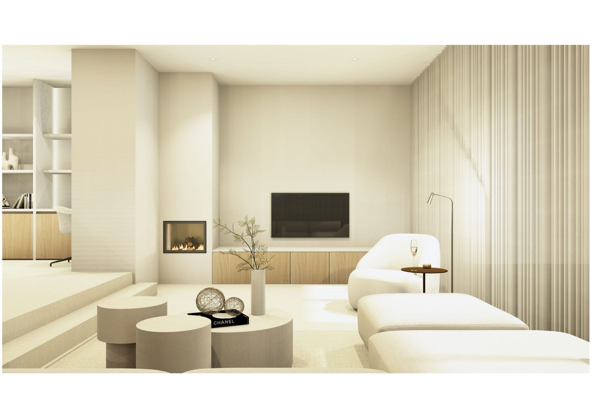 Beige leefruimte met tv en witte sofa en grijze ronde salontafel