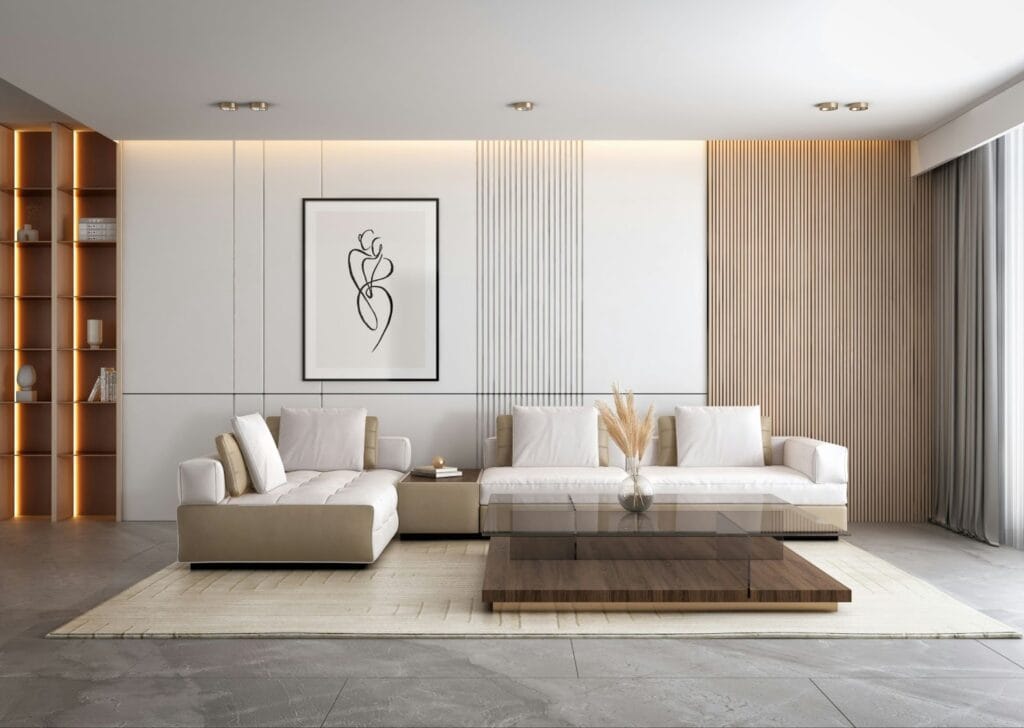 modern salon met grote hoekbank in lichtgrijs