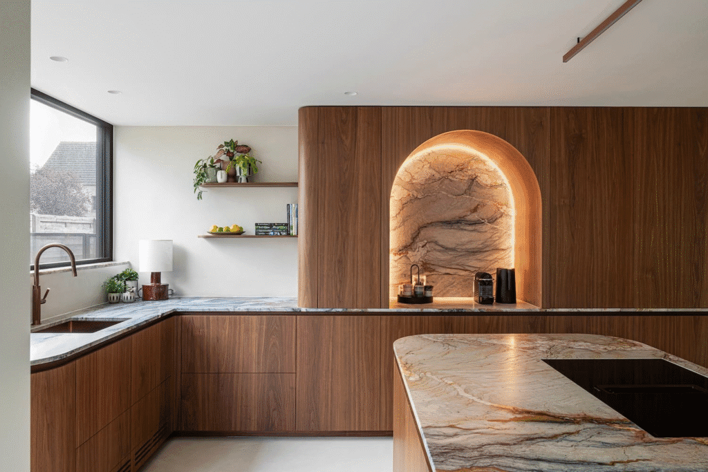 Moderne bruine keuken met marmer en ledlicht