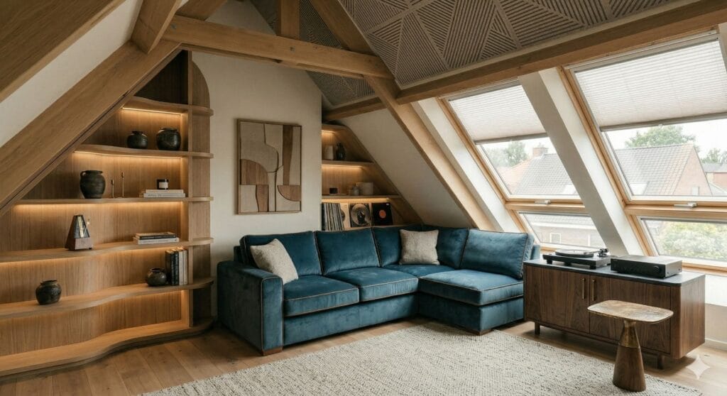 ingerichte zolder met dakramen, inbouwkast en petrol-blauwe sofa 