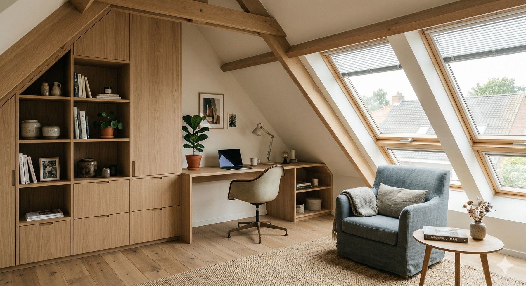 zolderruimte met ingebouwde boekenkast en fauteuil