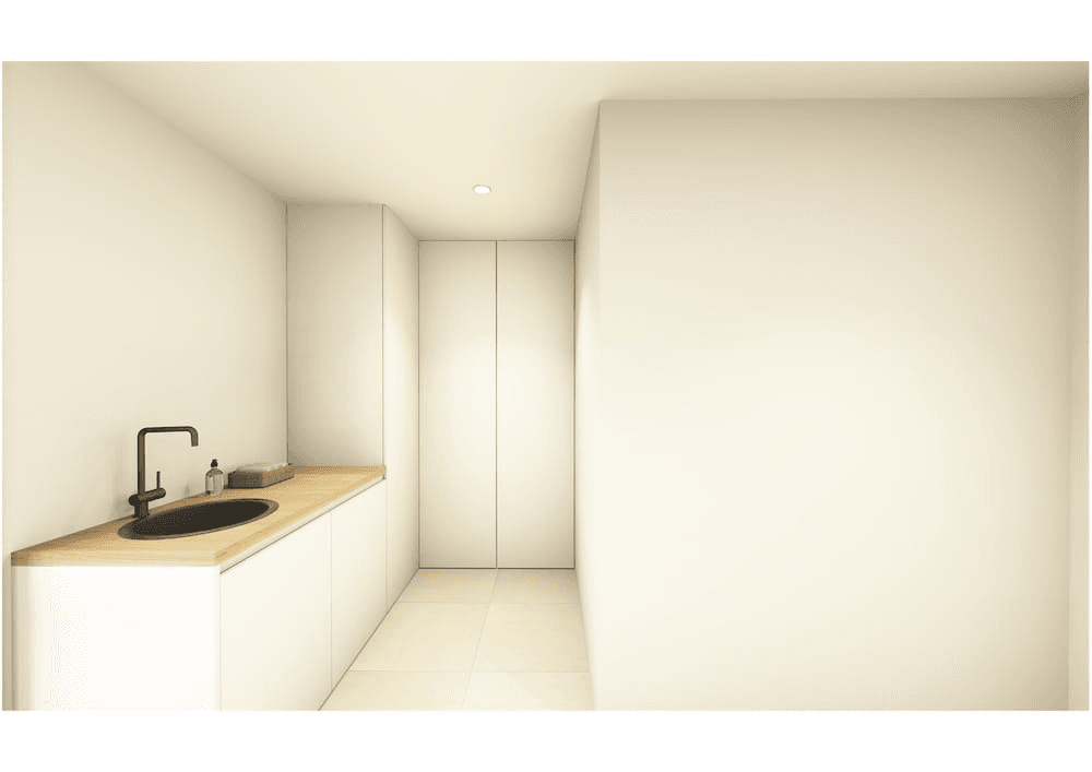 witte wasruimte met houten tablet en zwarte lavabo