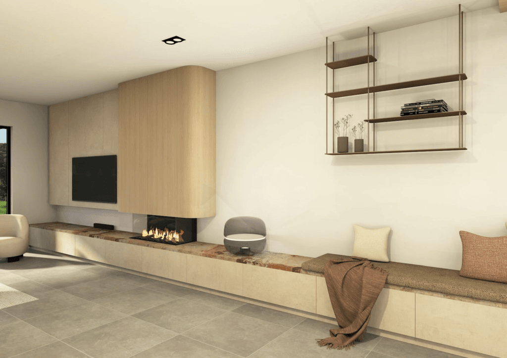 interieurontwerp leefruimte met hout en marmer